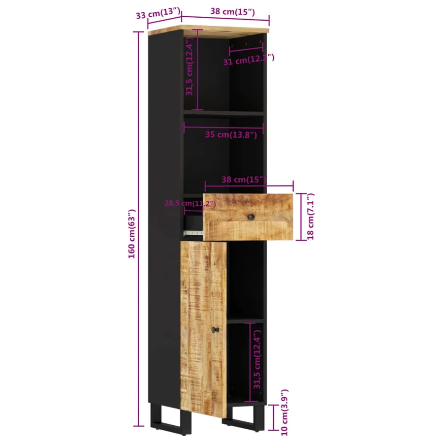 Armoire de salle de bain 38x33x160 cm bois massif de manguier - 11