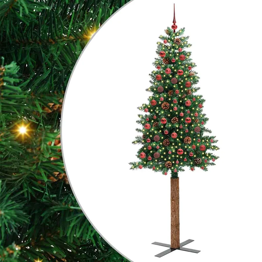 Sapin de Noël mince Vert 210 cm PVC et bois de pin massif