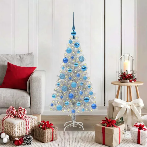Sapin de Noël avec 150 LED avec support Argent 120 cm PET