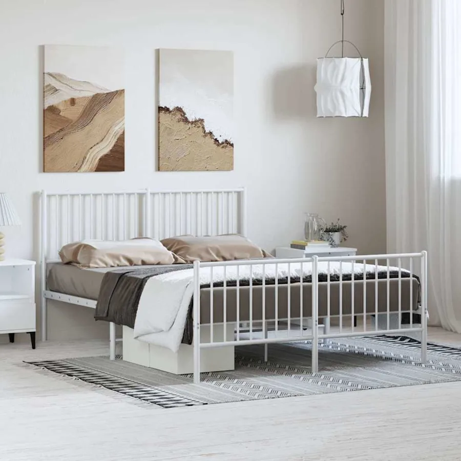 Cadre de lit métal sans matelas et pied de lit blanc 135x190 cm - 3