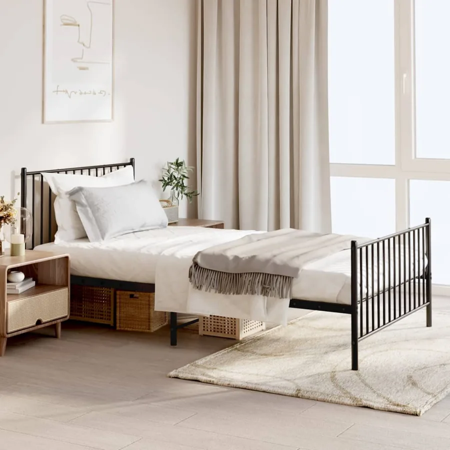 Cadre de lit métal sans matelas avec pied de lit noir 107x203cm