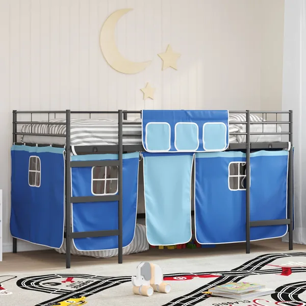 Cadre de Lit Mezzanine pour Enfants avec Rideaux Noir et Bleu