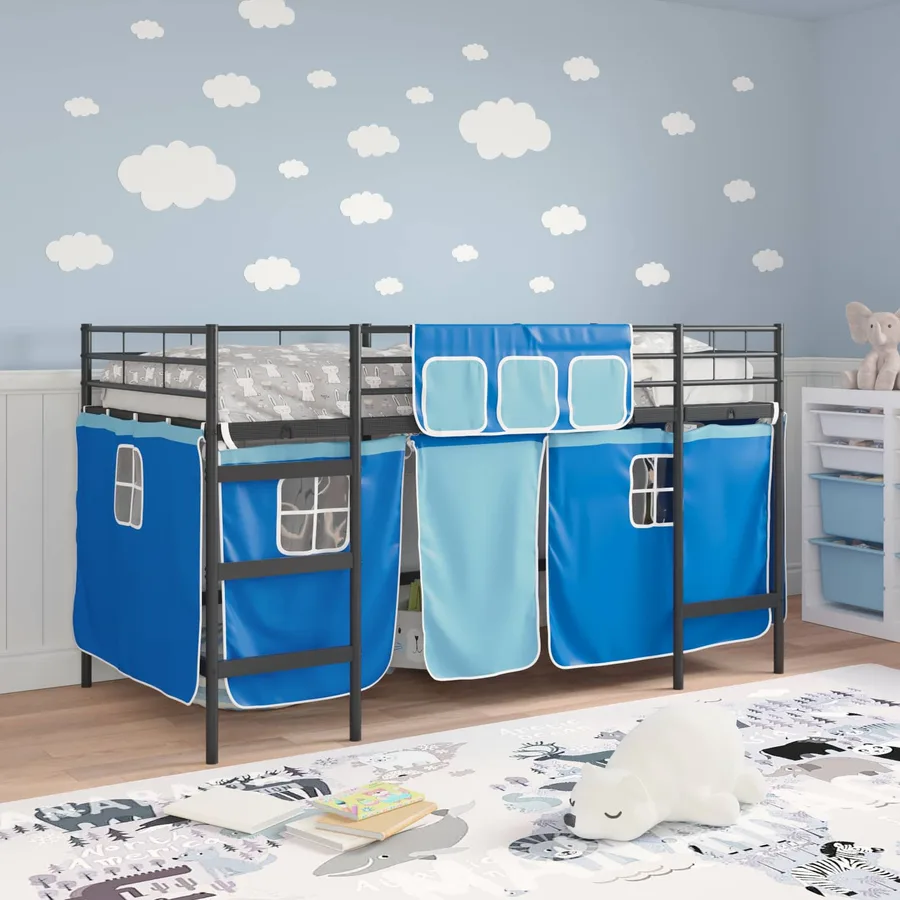 Cadre de Lit Mezzanine pour Enfants avec Rideaux Noir et Bleu - 3
