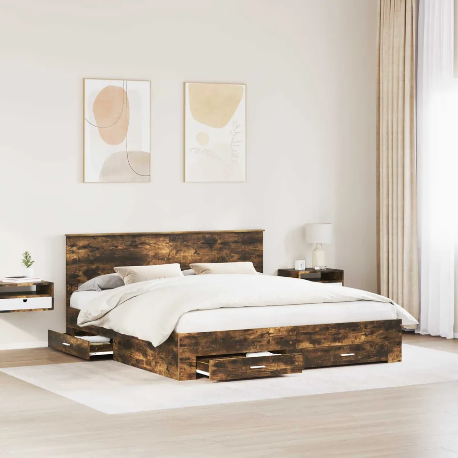 Cadre de lit Chêne fumé 200 x 200 cm Bois d'ingénierie - 3