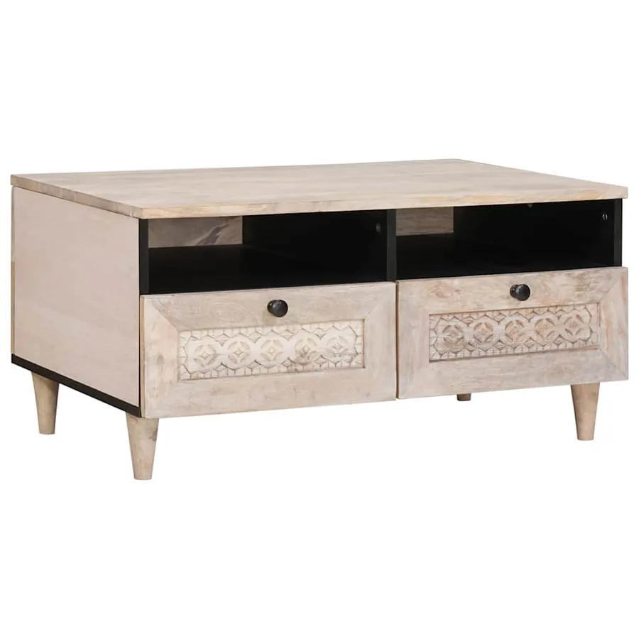 Table basse Blanc Blanchi 80 x 54 x 40 cm Bois de mangue massif