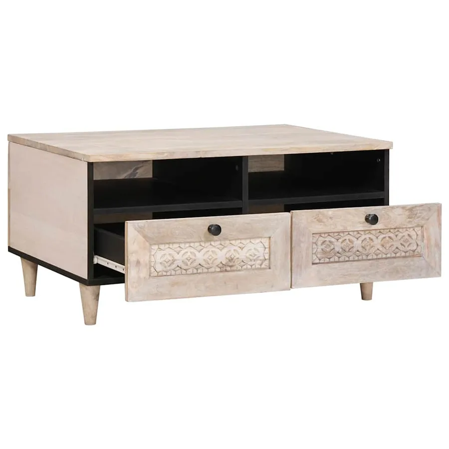 Table basse Blanc Blanchi 80 x 54 x 40 cm Bois de mangue massif - 2