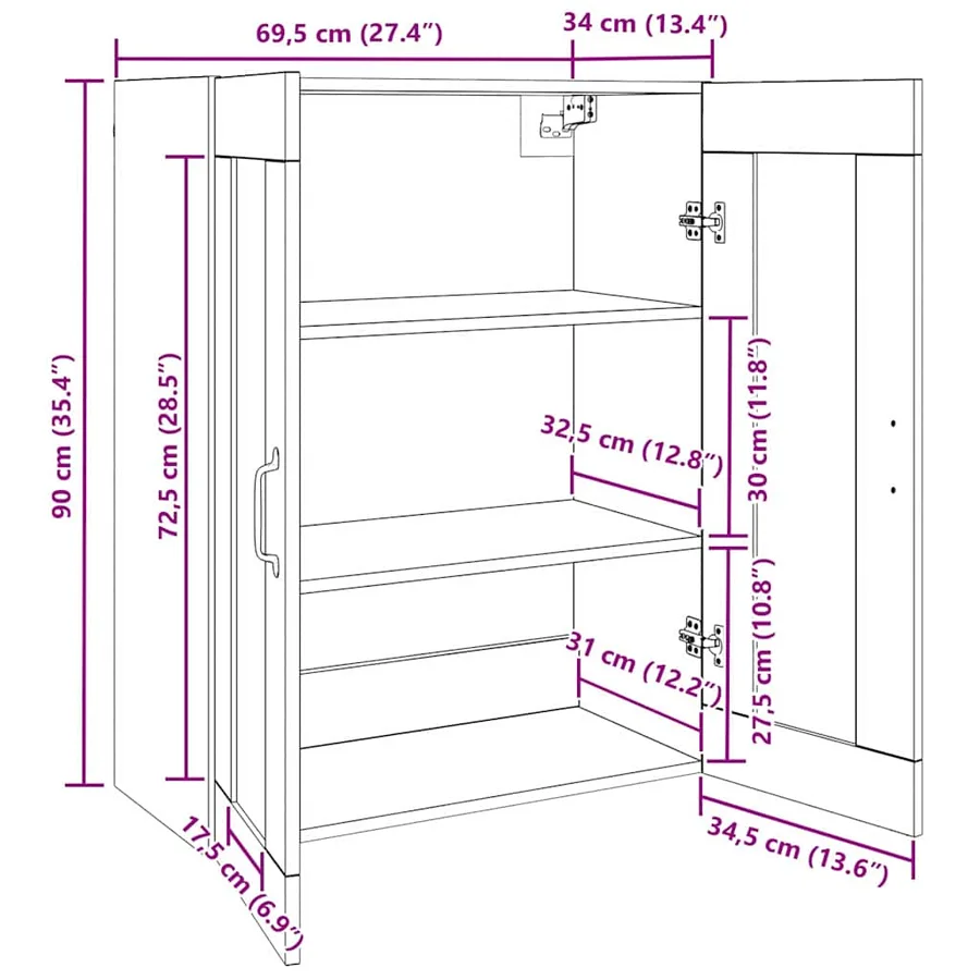 Armoire de rangement Montage mural Chêne noir 69,5 x 34 x 90 cm - 13