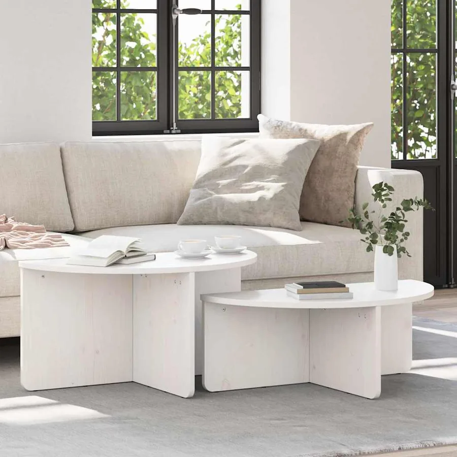 Table basse 2 pcs Blanc Bois massif en pin