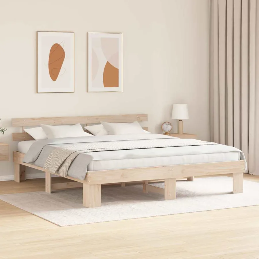 Cadre de lit avec tête de lit Naturel 200 x 200 cm Pin massif - 3