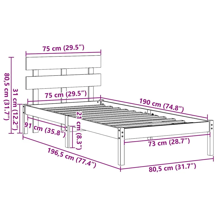 Cadre de lit Blanc 75 x 190 cm Bois de pin massif - 10