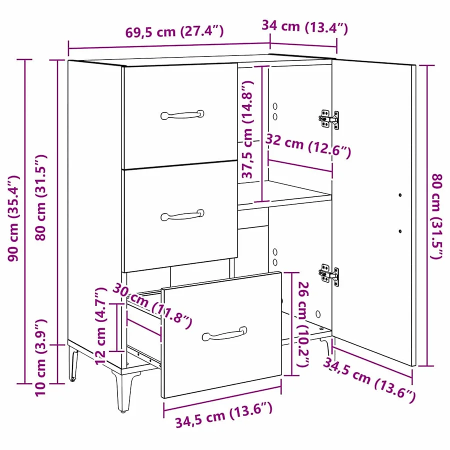 Buffet Chêne noir 69,5 x 34 x 90 cm Bois d'ingénierie - 14
