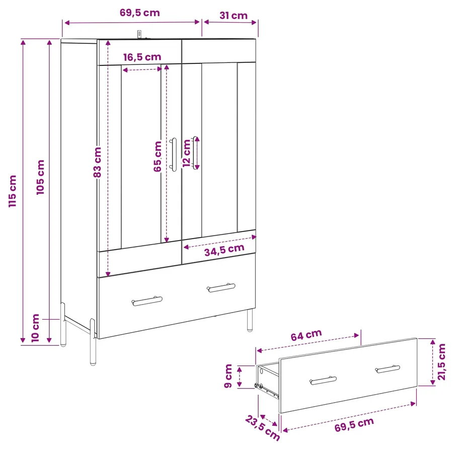 Haut Armoire avec tiroir Corona Chêne noir 69,5 x 31 x 115 cm - 11