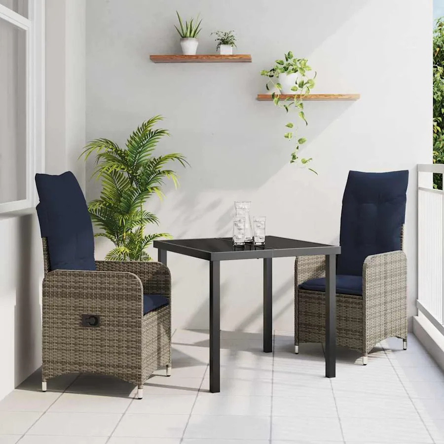 Ensemble table et chaises avec coussin 3 pcs Gris Rotin PE