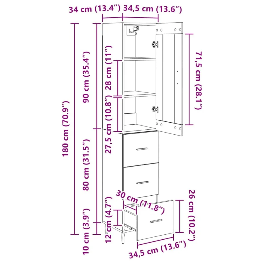Haut Armoire avec tiroir Chêne artisanal 34,5 x 34 x 180 cm - 16
