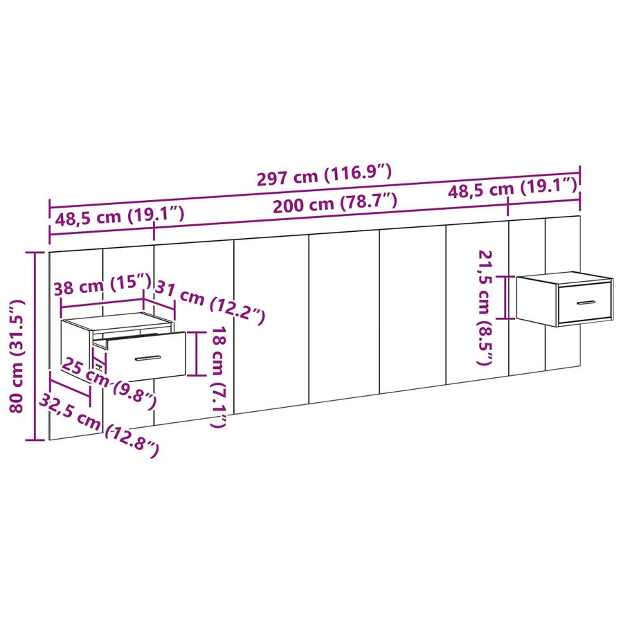 Tête de lit avec armoire 3 pcs Chêne artisanal - 16