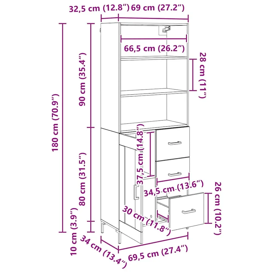 Haut Armoire Chêne noir 69,5 x 34 x 180 cm Bois d'ingénierie - 14
