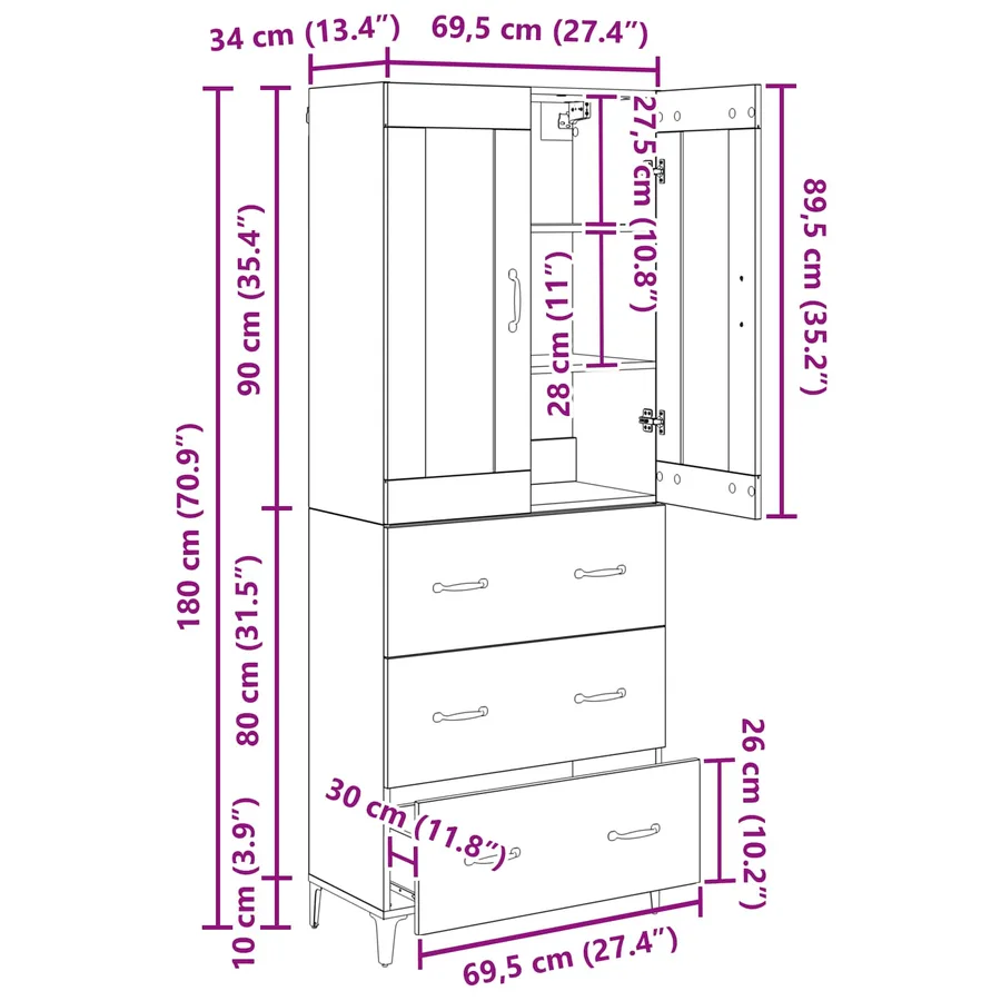 Haut Armoire Chêne noir 69,5 x 34 x 180 cm Bois d'ingénierie - 14