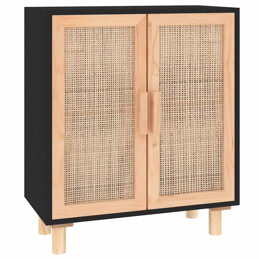 Buffet Noir 60x30x70 cm Bois de pin massif et rotin naturel - 2