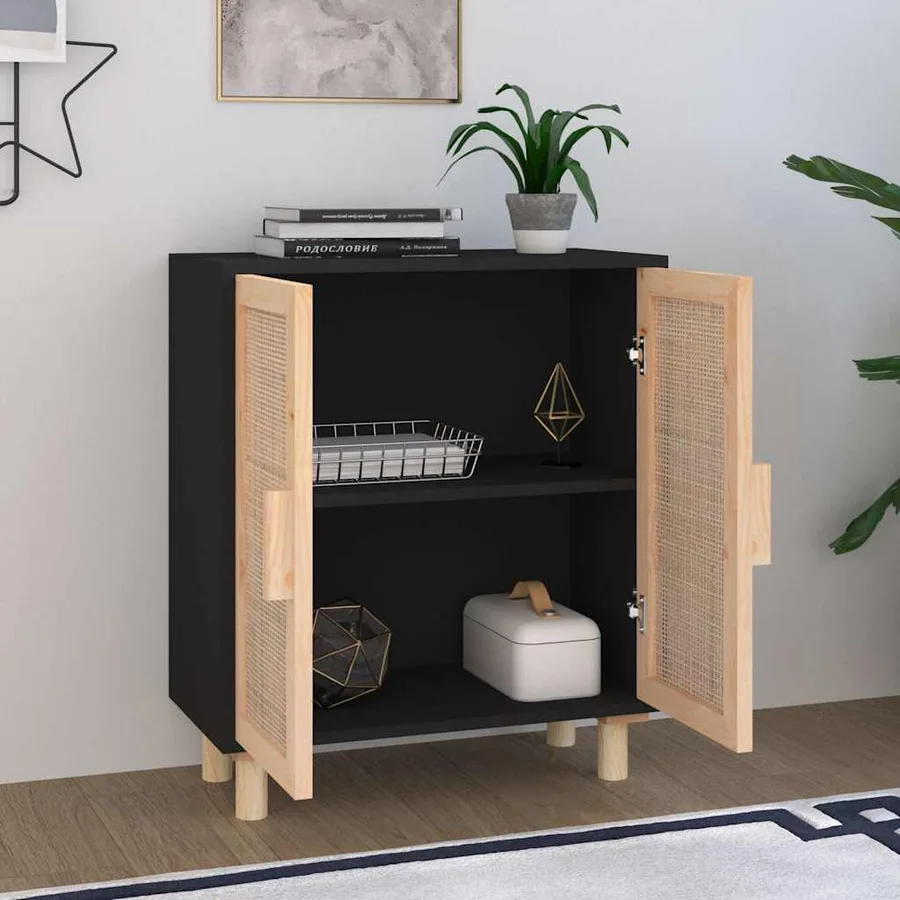 Buffet Noir 60x30x70 cm Bois de pin massif et rotin naturel - 3