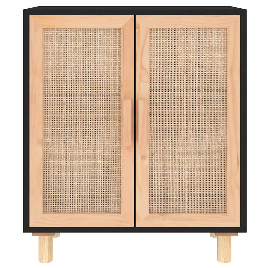 Buffet Noir 60x30x70 cm Bois de pin massif et rotin naturel - 4
