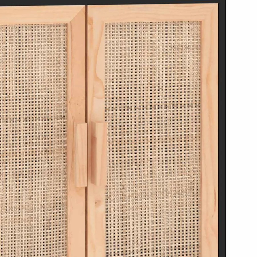 Buffet Noir 60x30x70 cm Bois de pin massif et rotin naturel - 7