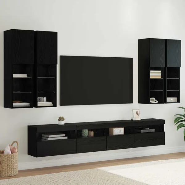 Ensemble de meuble TV mural avec éclairage LED 7 pcs Chêne noir