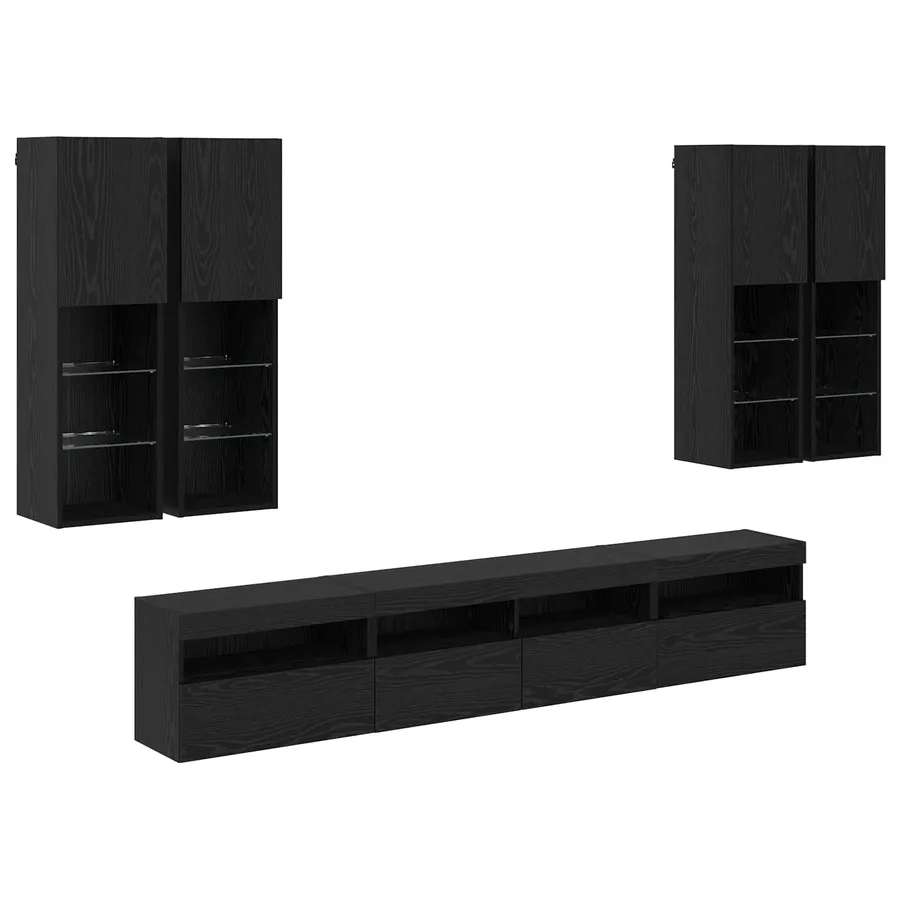 Ensemble de meuble TV mural avec éclairage LED 7 pcs Chêne noir - 2