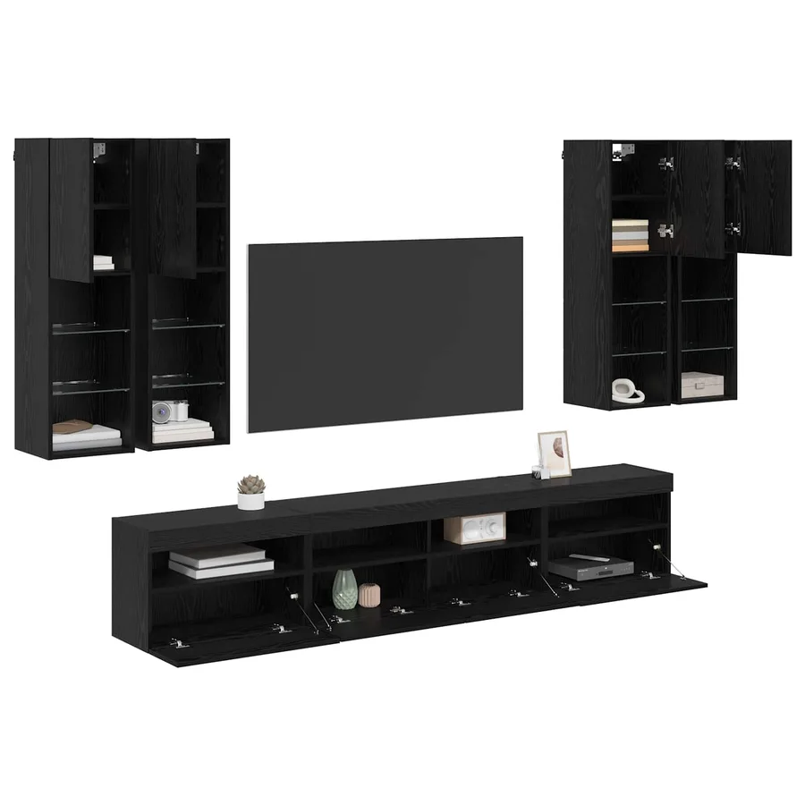 Ensemble de meuble TV mural avec éclairage LED 7 pcs Chêne noir - 3