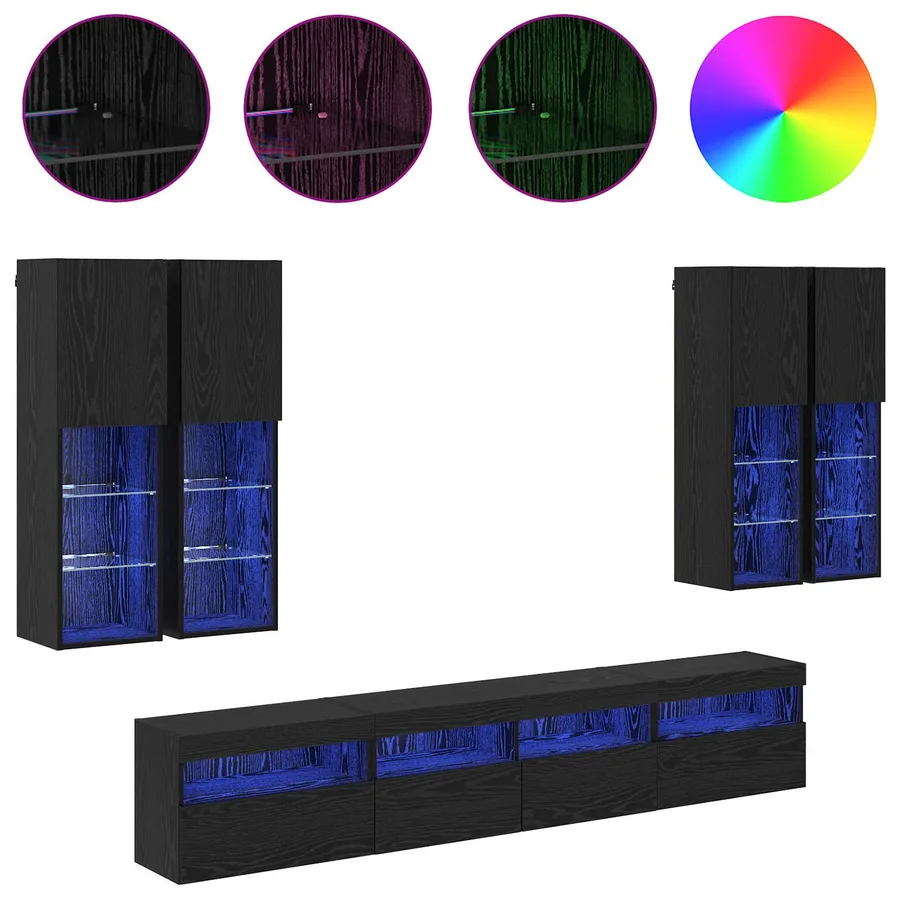 Ensemble de meuble TV mural avec éclairage LED 7 pcs Chêne noir - 4