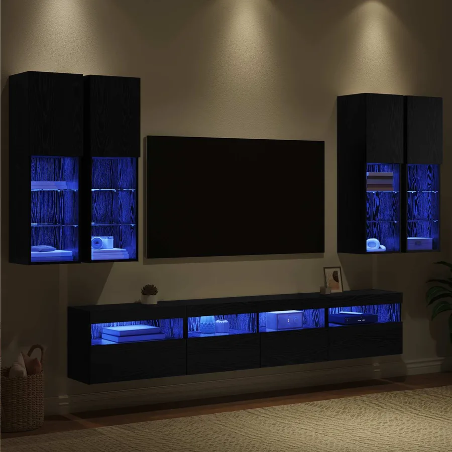 Ensemble de meuble TV mural avec éclairage LED 7 pcs Chêne noir - 5