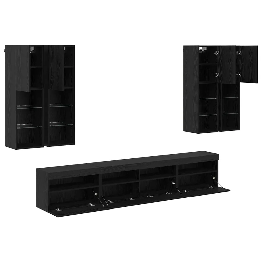 Ensemble de meuble TV mural avec éclairage LED 7 pcs Chêne noir - 9