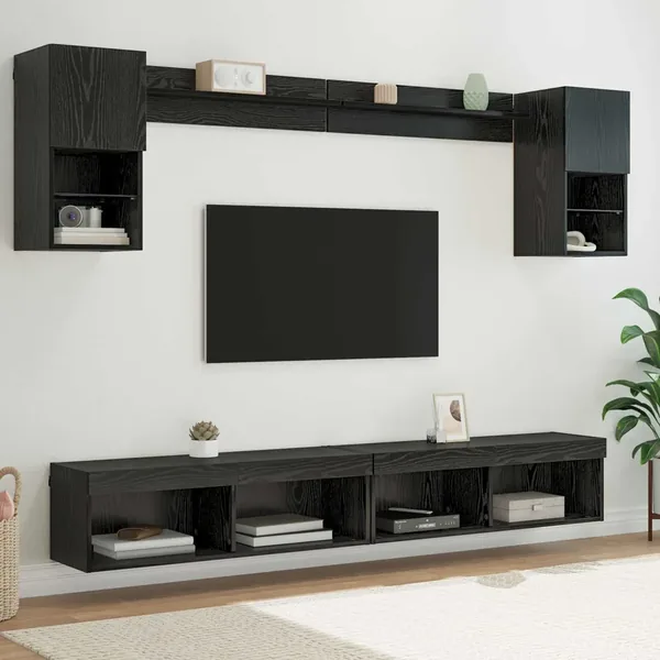 Unités murales TV avec LED 6 pcs Chêne noir Bois d'ingénierie