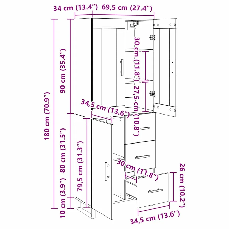 Haut Armoire Chêne noir 69,5 x 34 x 180 cm Bois d'ingénierie - 15