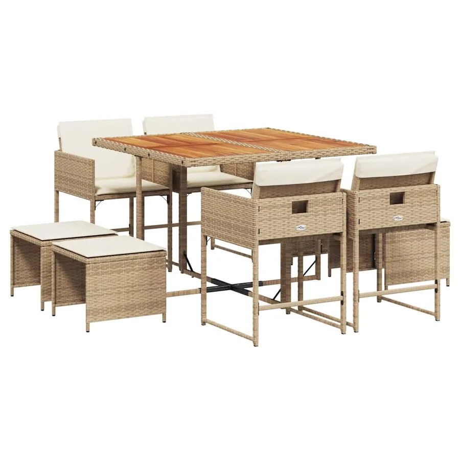 Ensemble à manger de jardin et coussins 9 pcs beige Poly rotin - 2