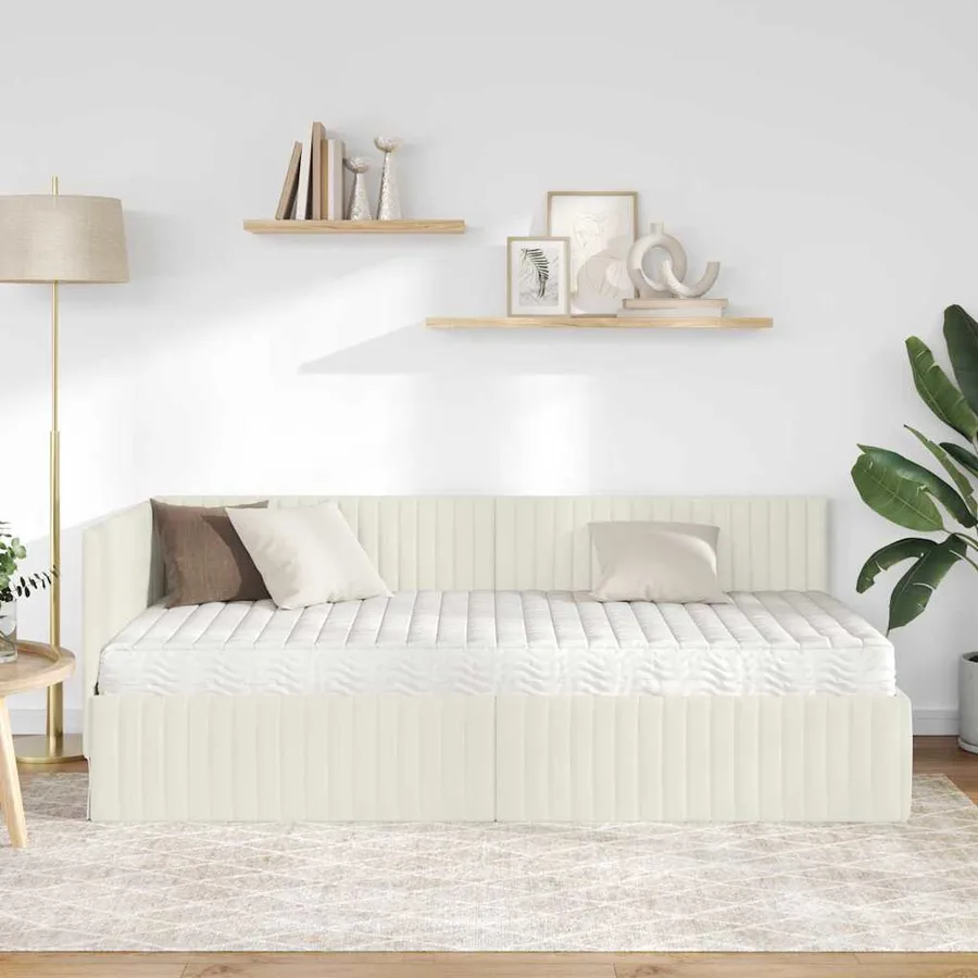 Cadre de lit d'angle avec matelas 2 pcs Crème Velours - 3