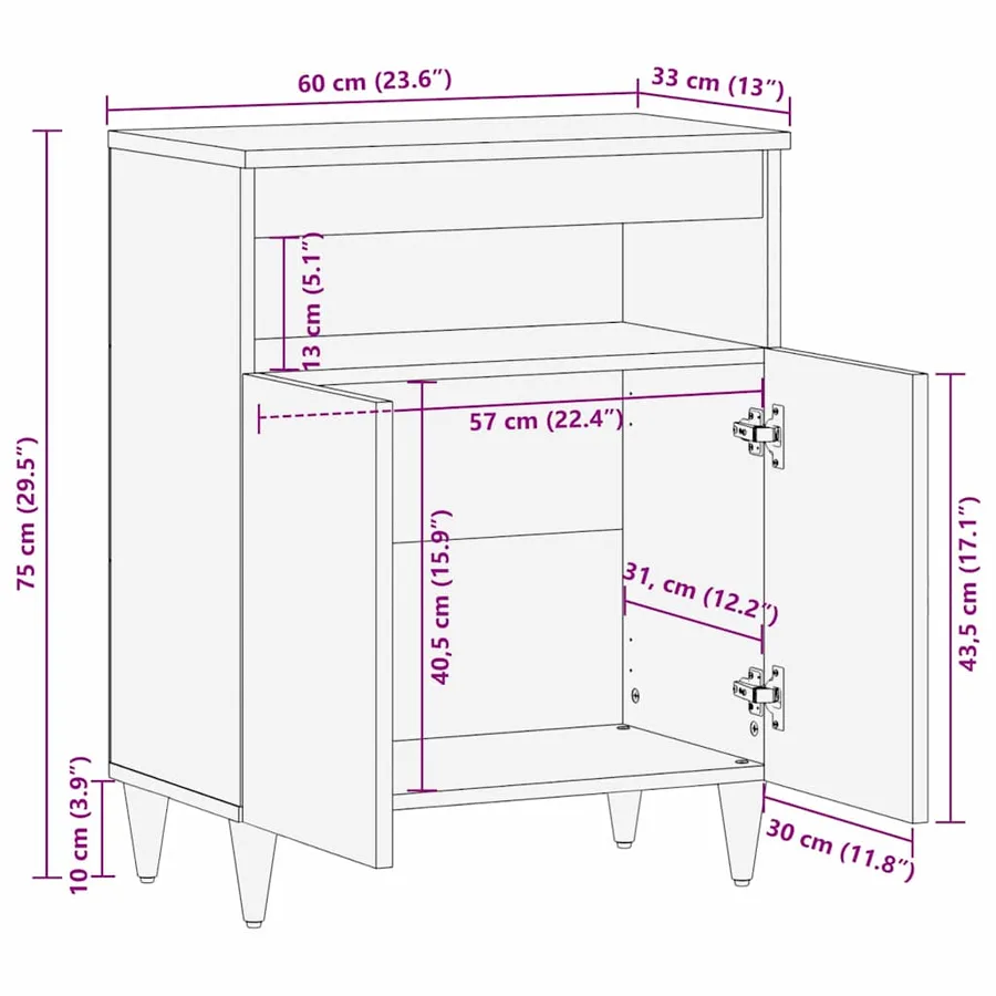 Buffet avec étagère Noir 60 x 33 x 75 cm Bois de mangue massif - 11