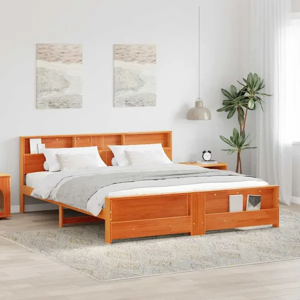 Cadre de lit avec tête de lit Brun cire 200 x 200 cm Pin massif