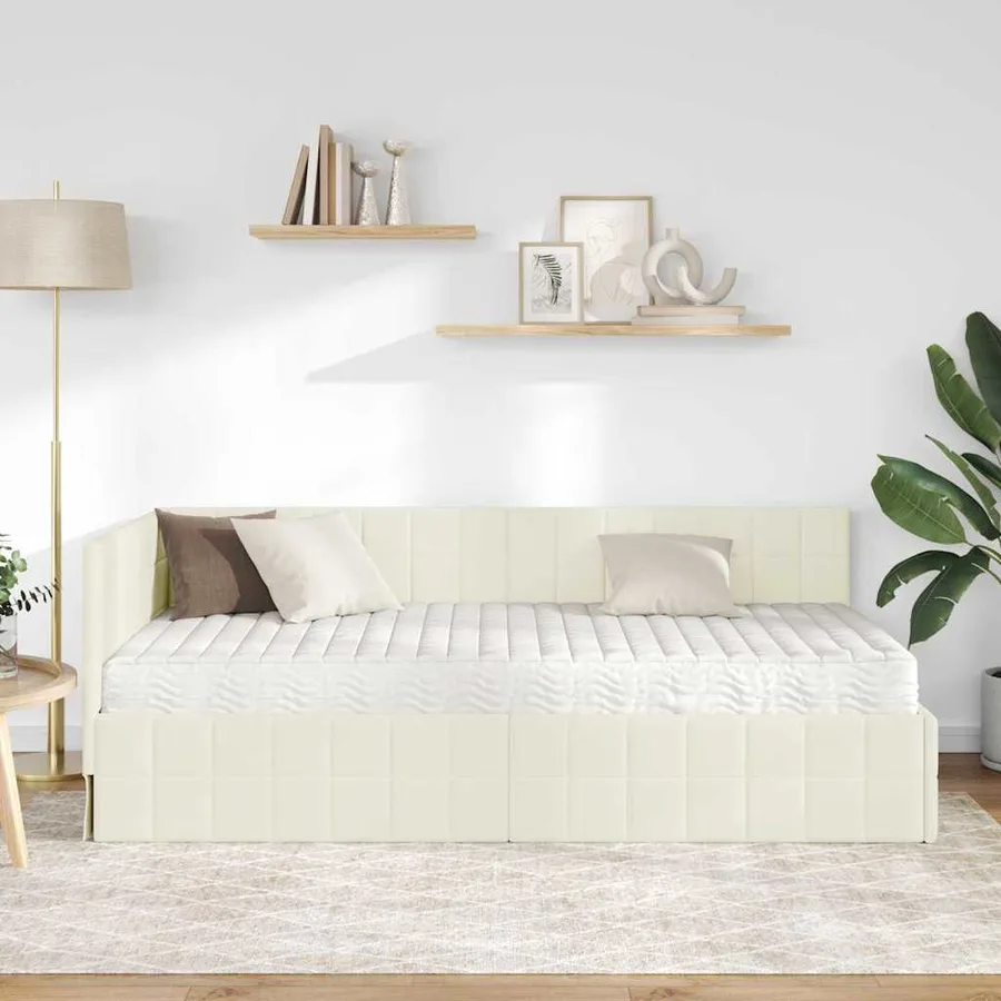 Cadre de lit d'angle avec matelas 2 pcs Crème Velours - 3
