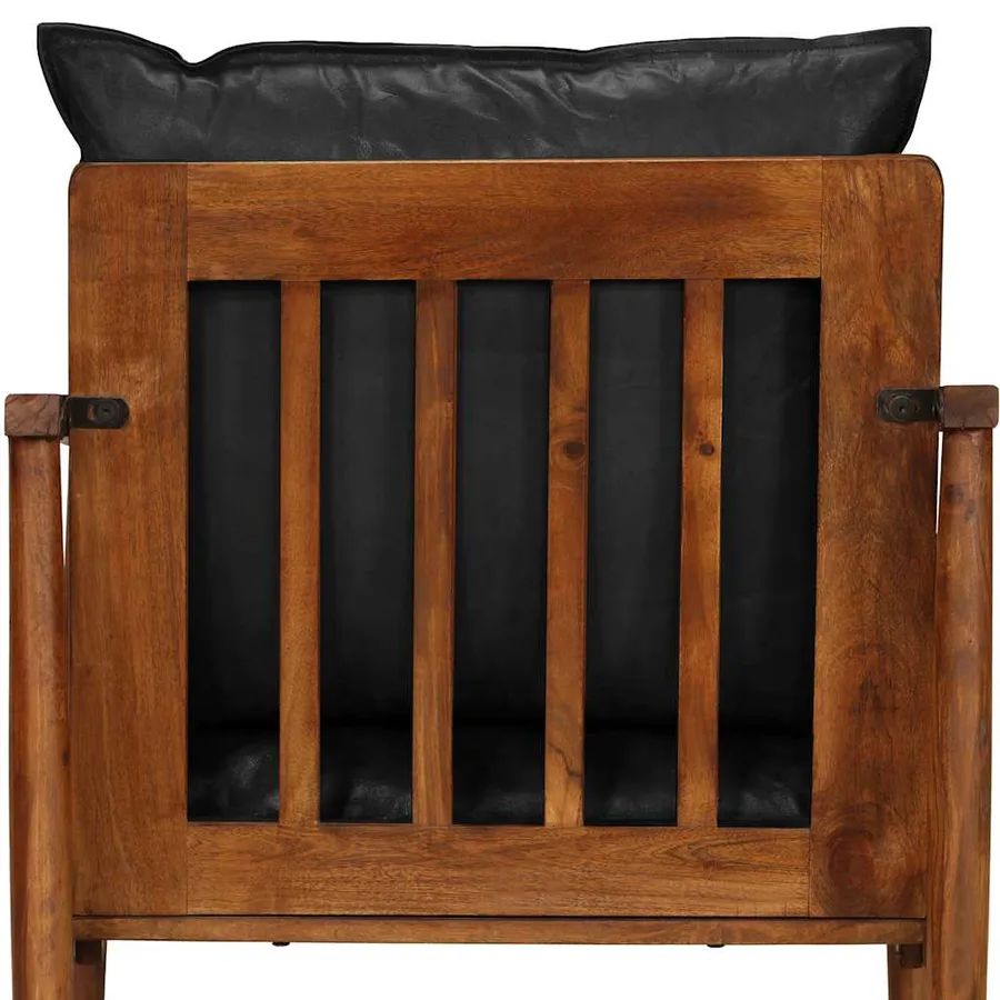 Fauteuil noir cuir véritable et bois d'acacia solide - 12