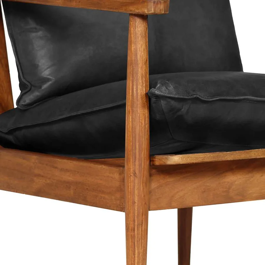 Fauteuil noir cuir véritable et bois d'acacia solide - 15