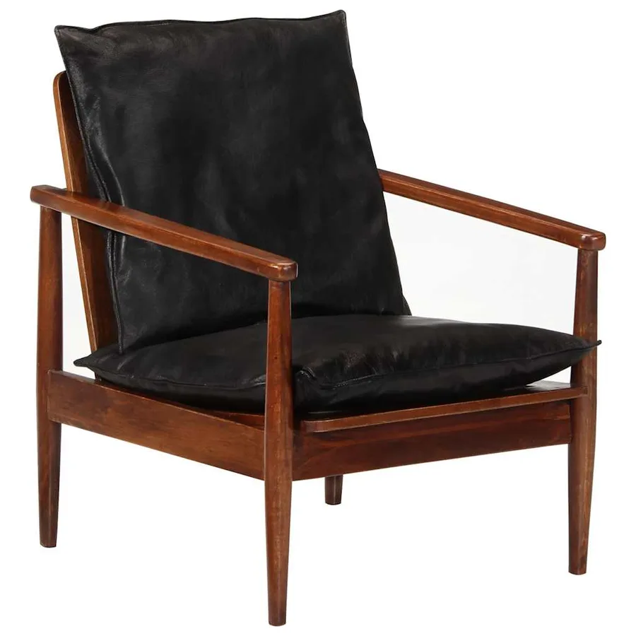 Fauteuil noir cuir véritable et bois d'acacia solide - 6