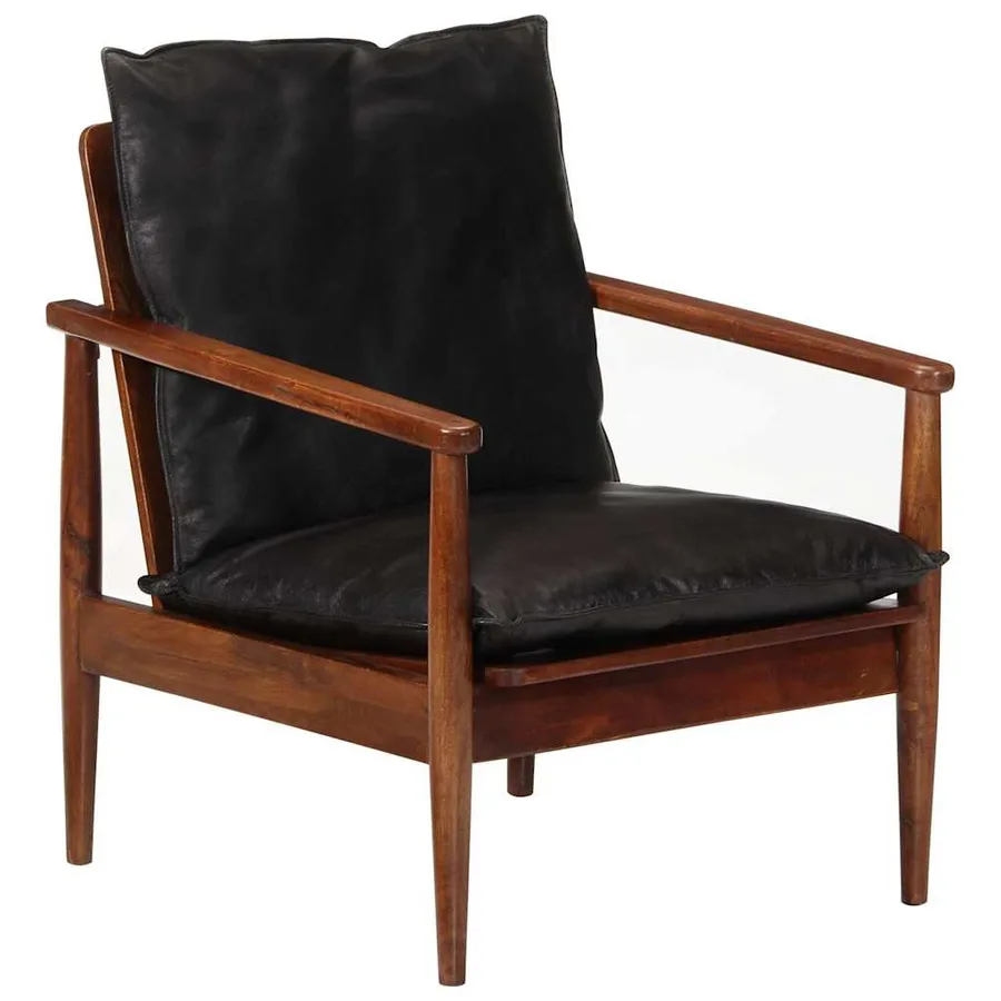 Fauteuil noir cuir véritable et bois d'acacia solide - 9
