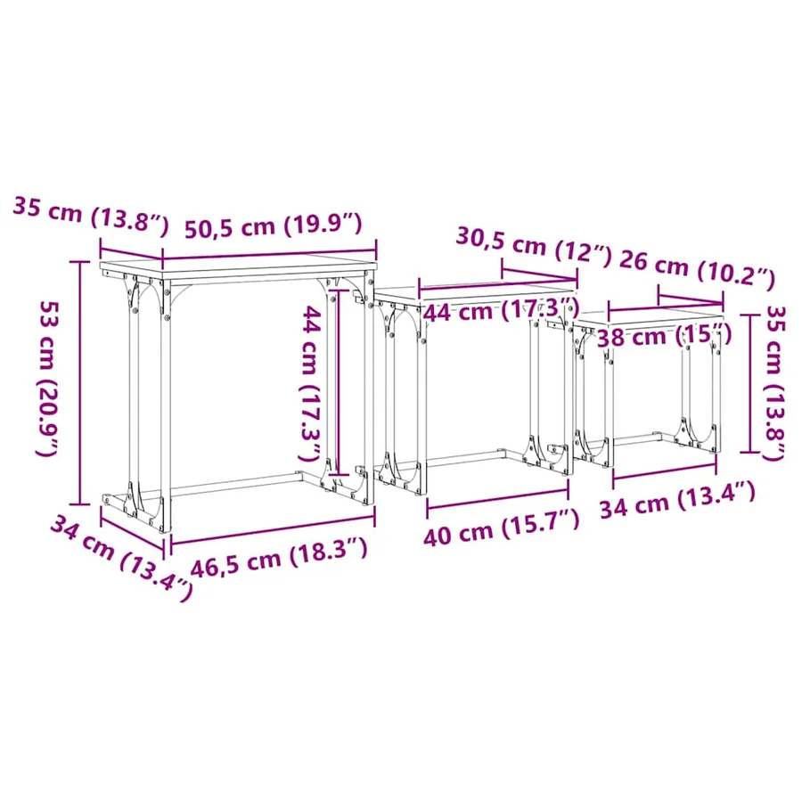 Table basse gigogne 3 pcs chêne artisanal 50.5 x 35 x 53 cm - 12