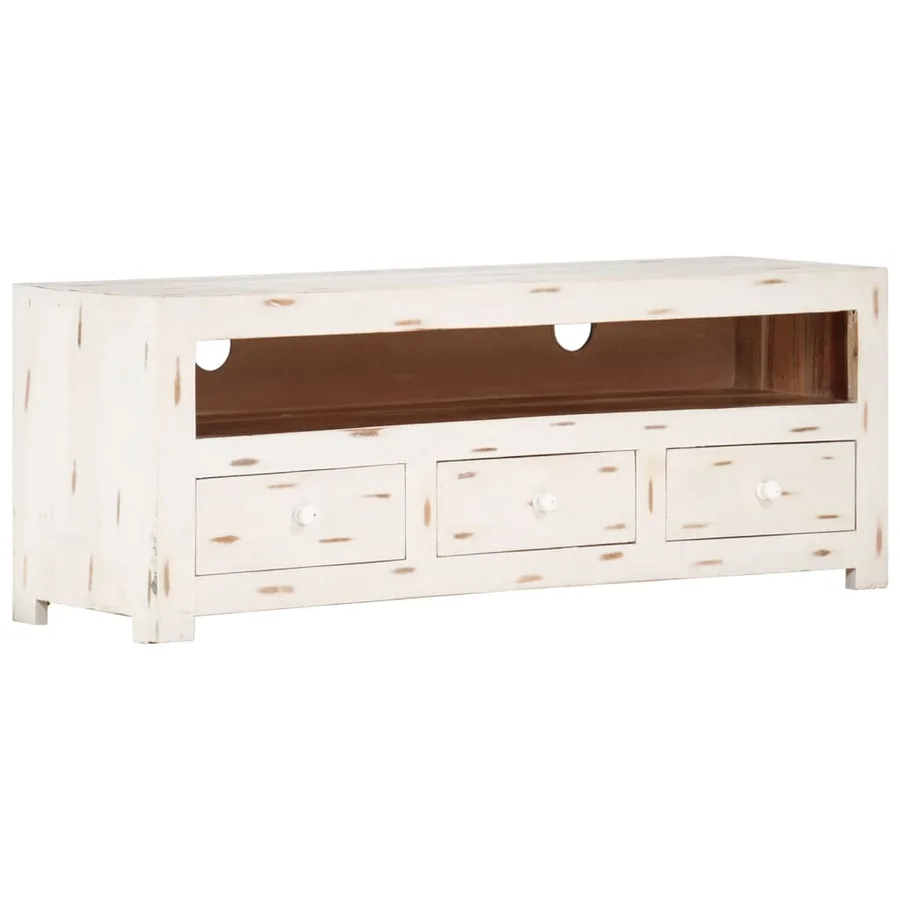 Meuble TV Bois massif d'acacia 110x30x40 cm Blanc - 10