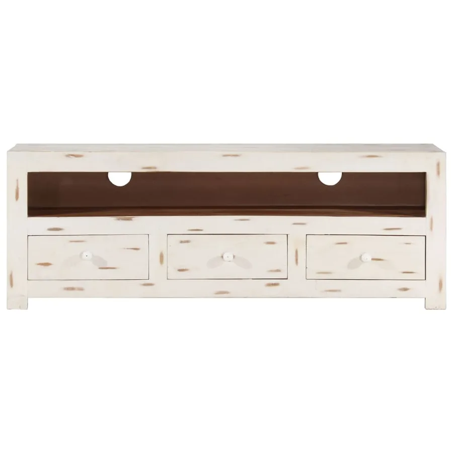 Meuble TV Bois massif d'acacia 110x30x40 cm Blanc - 2