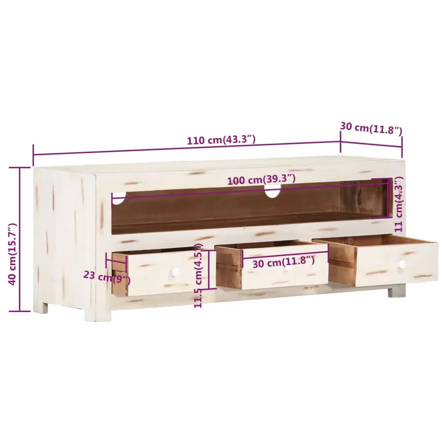Meuble TV Bois massif d'acacia 110x30x40 cm Blanc - 7