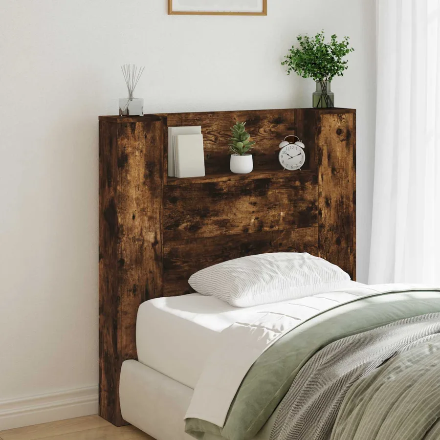 Tête de lit de rangement avec LED Chêne fumé Bois d'ingénierie