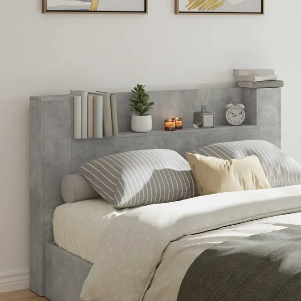 Tête de lit de rangement avec LED Gris béton Bois d'ingénierie