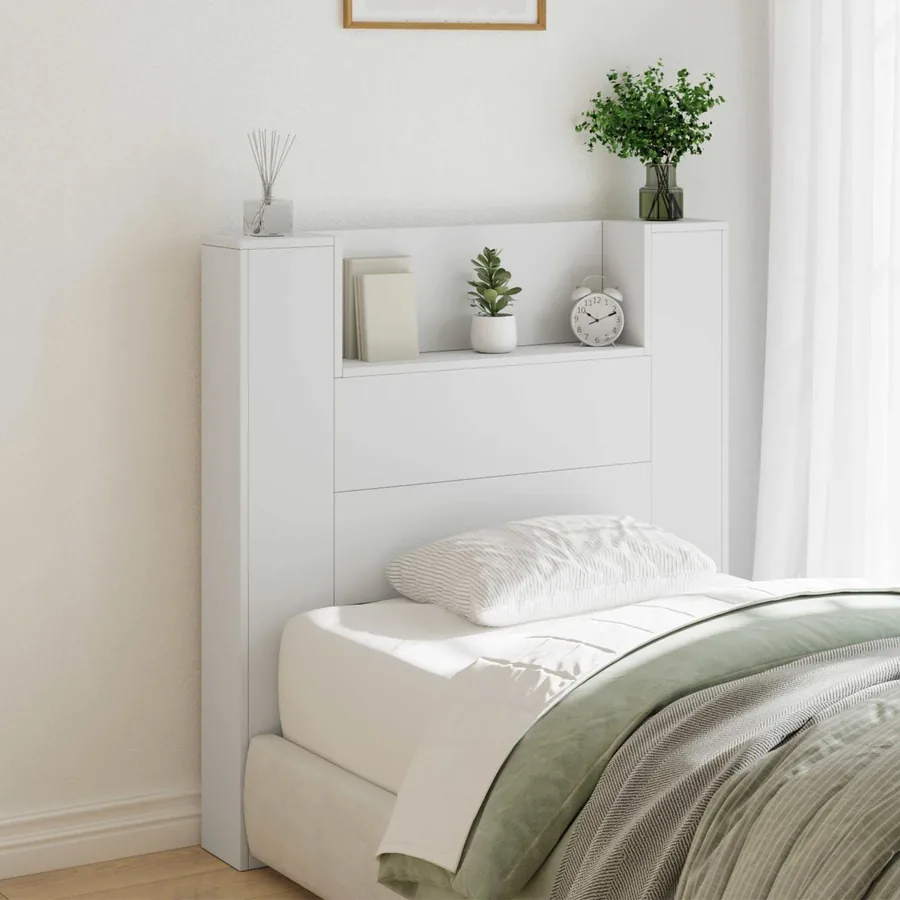 Tête de lit de rangement avec LED Blanc Bois d'ingénierie