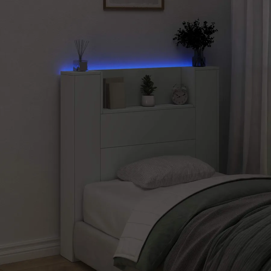Tête de lit de rangement avec LED Blanc Bois d'ingénierie - 4